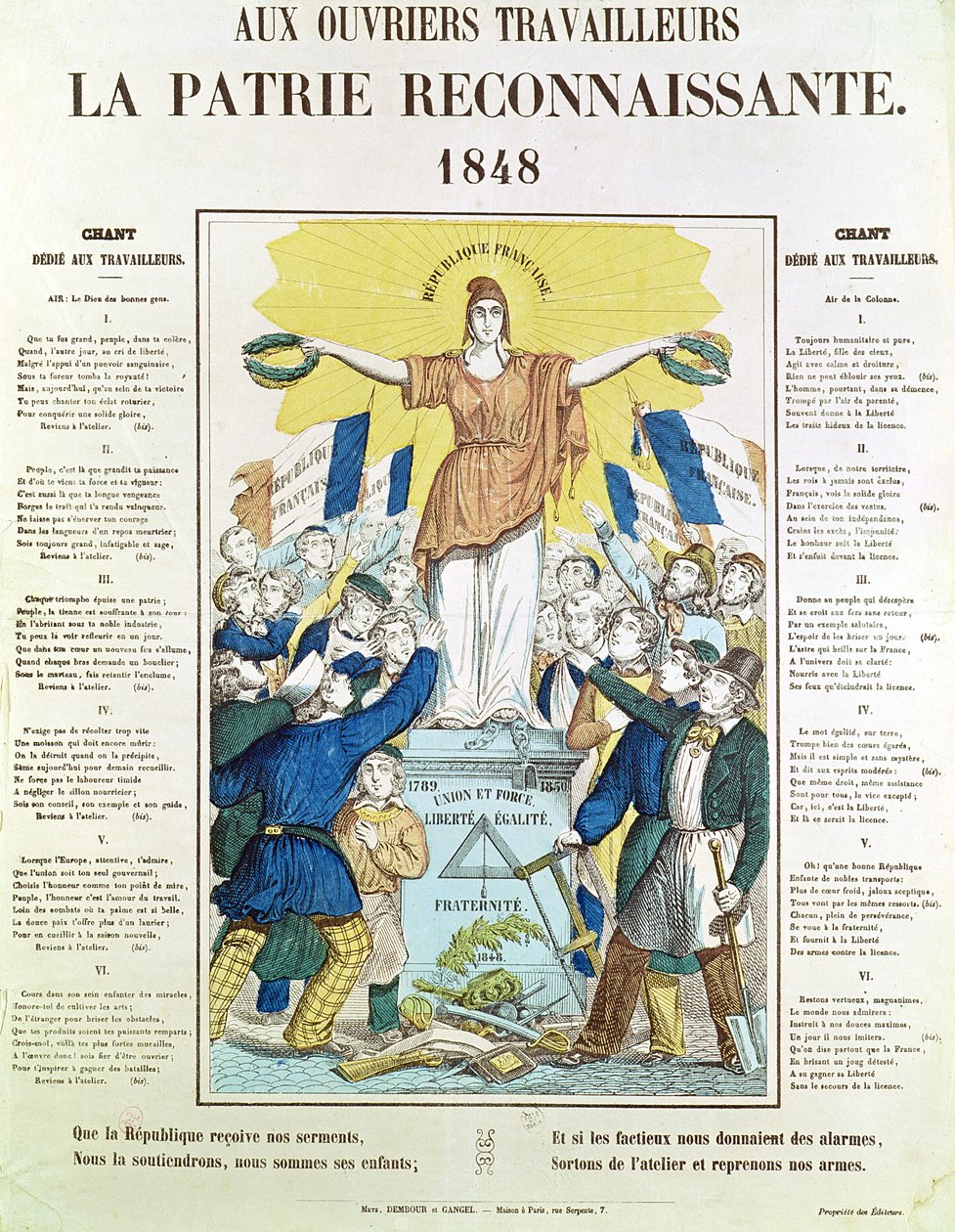 Foglio illustrato di testi per una canzone dedicata ai lavoratori, 1848 da French School