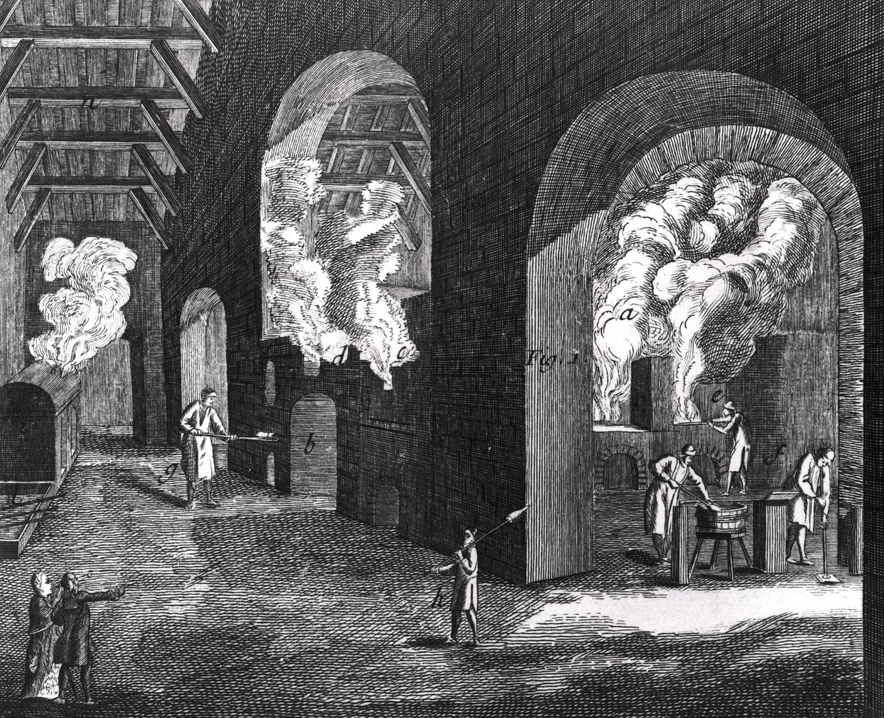 Interno di una fabbrica di vetro da French School