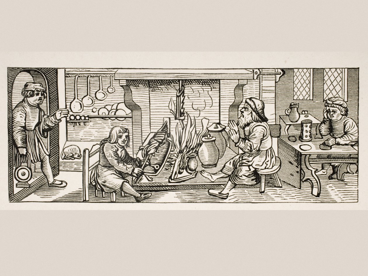 Interno di una cucina, da una xilografia in Calendarium Romanum di Jean Staeffler, stampata a Tubinga, Germania, 1518, da Le Moyen Age et La Renaissance di Paul Lacroix (1806-84) pubblicata nel 1847 da French School