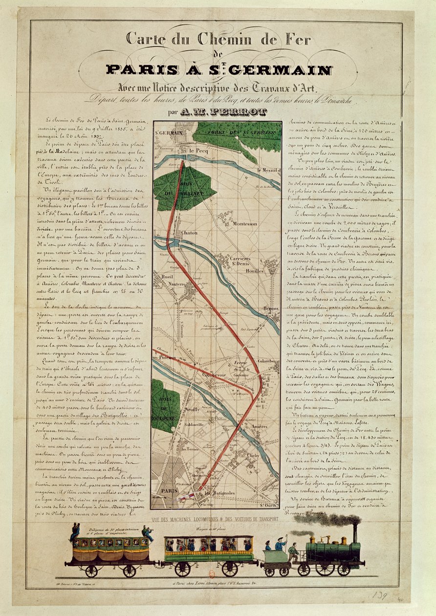 Mappa della ferrovia da Parigi a St. Germain, di A.M. Perrot, 26 agosto 1837 da French School