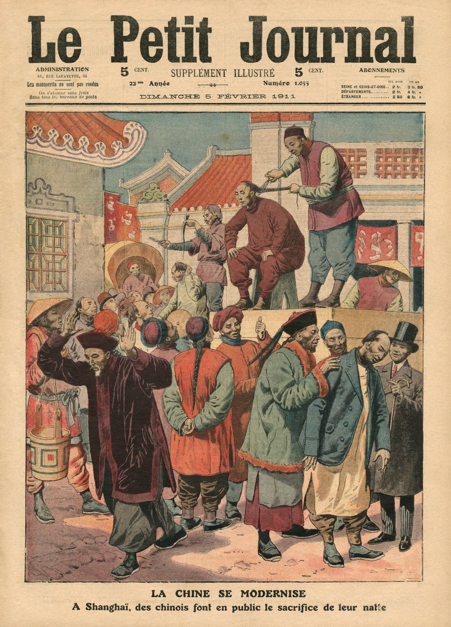 Modernizzazione della Cina, cinesi che si fanno tagliare il codino a Shanghai, illustrazione da 
