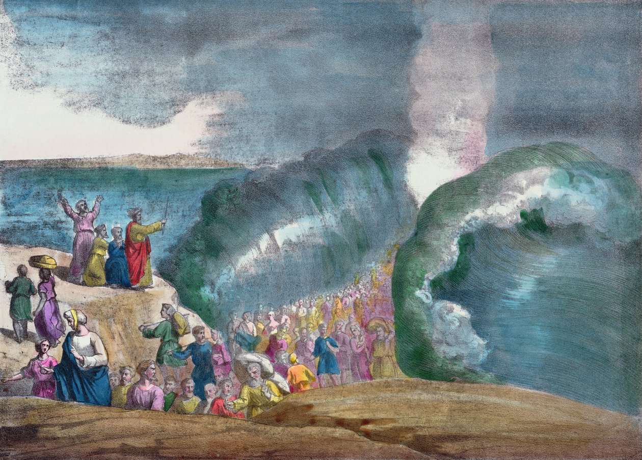 Mosè che attraversa il Mar Rosso (incisione a colori) da French School