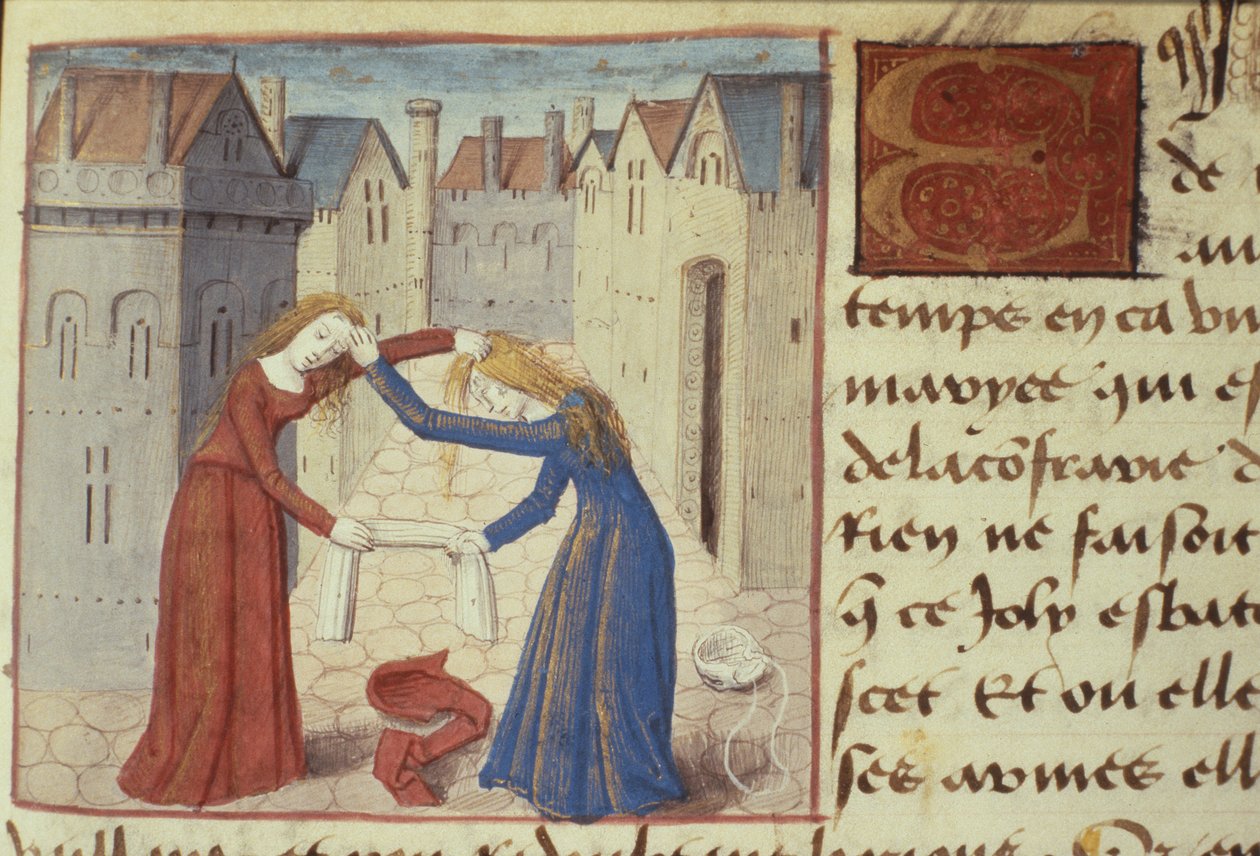 Due donne che combattono, da Les Cent Nouvelles Nouvelles, 1462 da French School