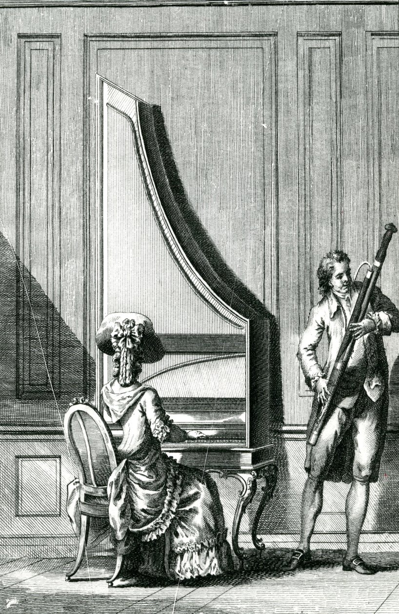 Musicisti che suonano un clavicordo verticale e un fagotto da French School