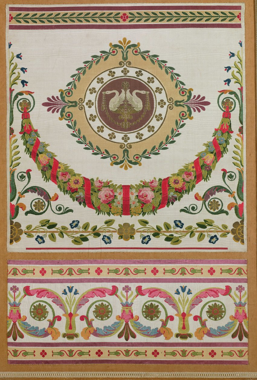 Pannello di seta con una ghirlanda di fiori e cigni di Pernon, Lione da French School