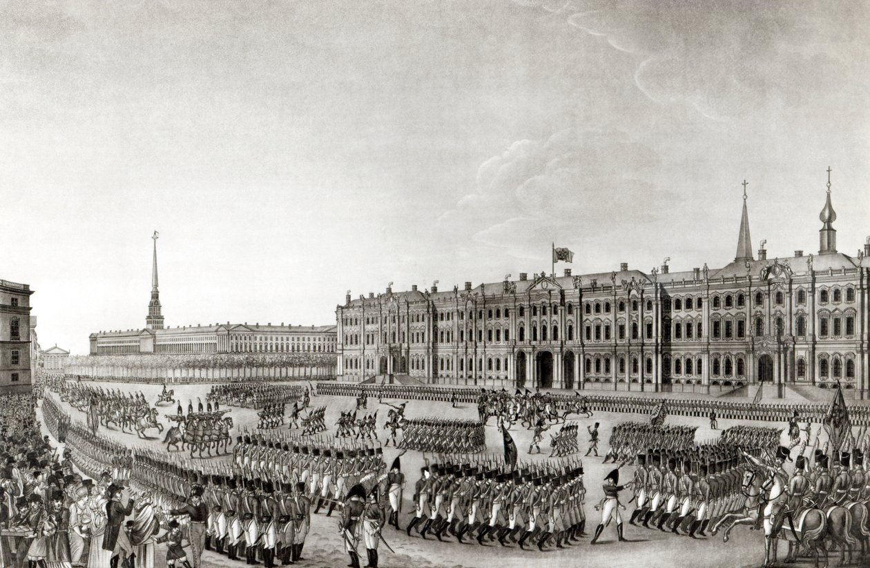 Parata davanti al Palazzo Imperiale, San Pietroburgo, 1812 da French School