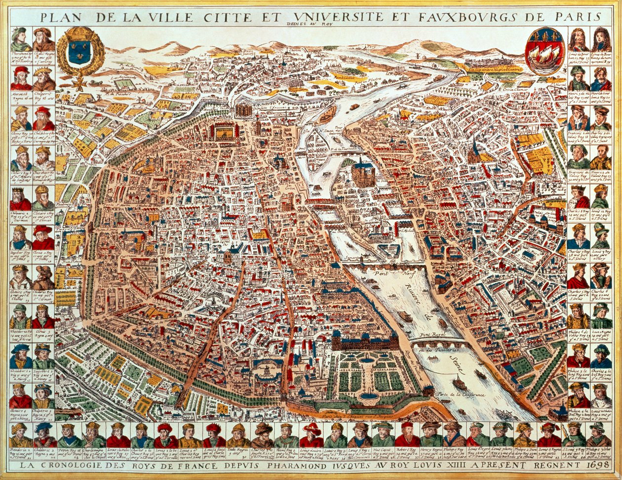 Piano di Parigi, bordato da una serie cronologica di ritratti dei re di Francia da Faramondo a Luigi XIV, 1698 da French School