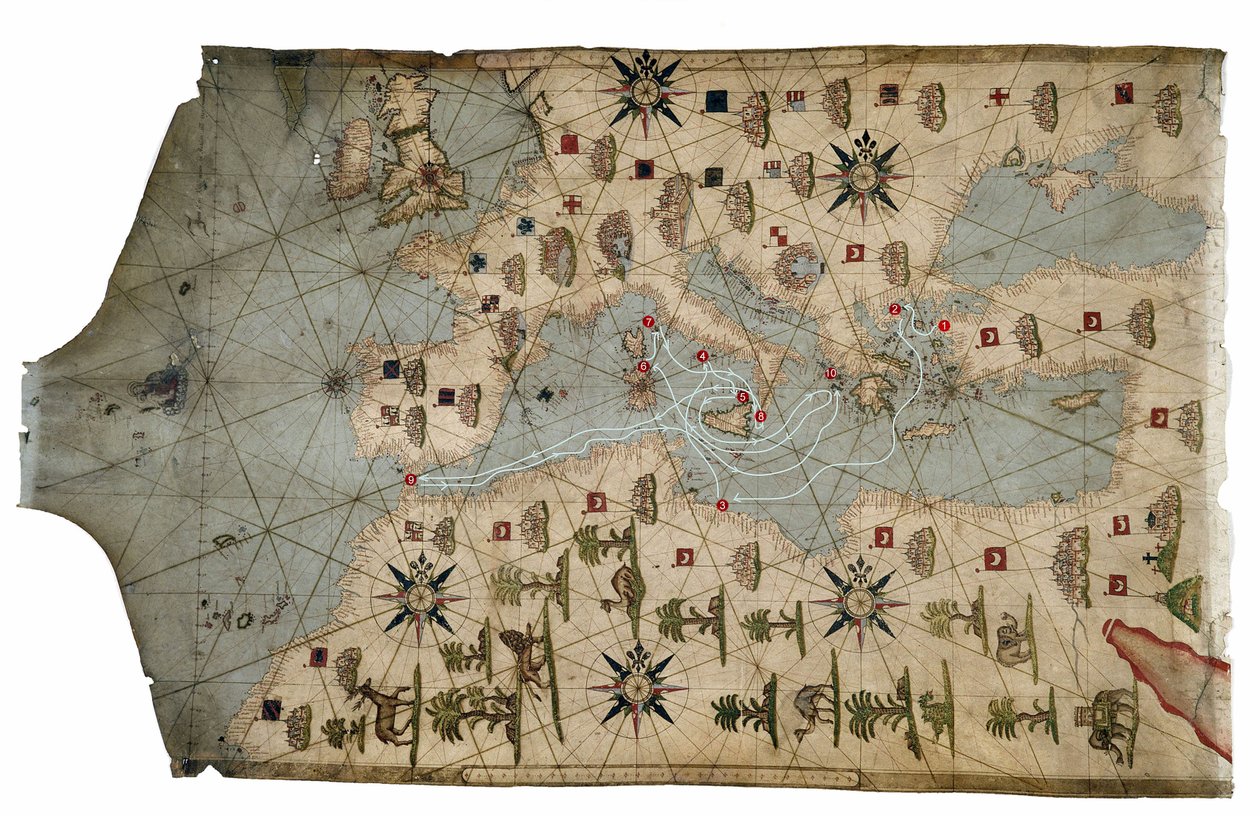 Carta portolana della costa del Mediterraneo, che raffigura le diverse tappe del viaggio di Ulisse, come raccontato nell