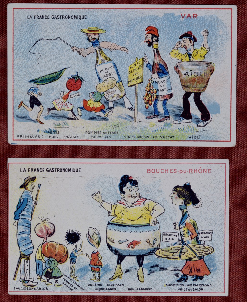 Carte promozionali ed educative per bambini raffiguranti specialità alimentari delle regioni del Var e Bouches-du-Rhone, c.1910 da French School