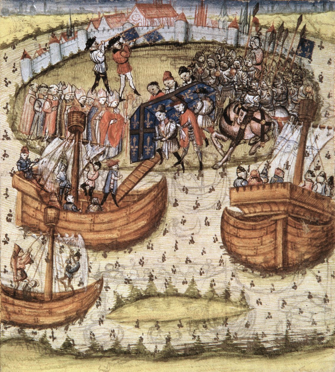 Snark M119: I crociati caricano la bara di San Luigi a bordo a Tunisi nel 1270, dalle Grandes Chroniques de France, 1450 da French School