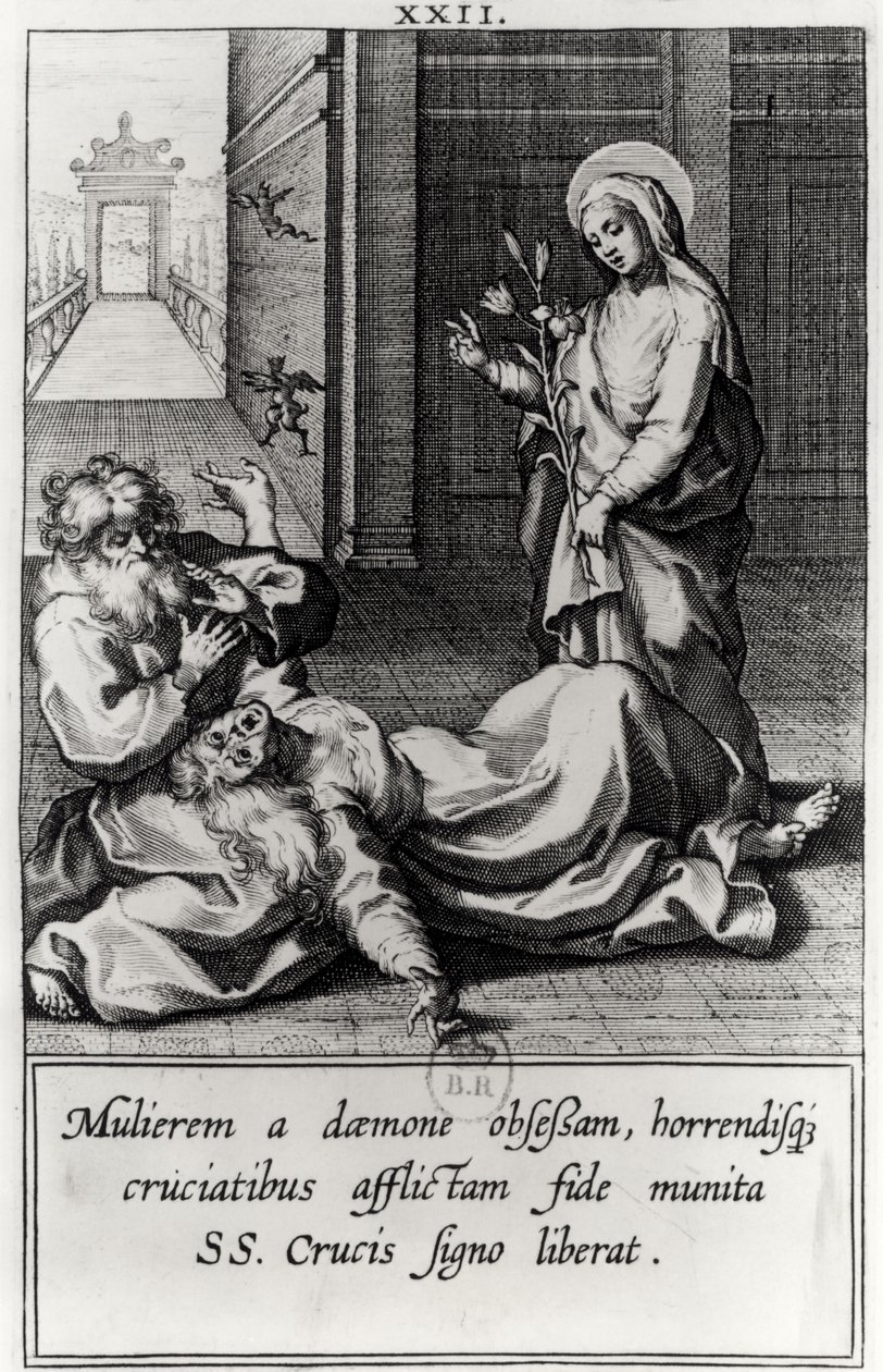 Santa Caterina che esorcizza un demone da una donna posseduta da French School