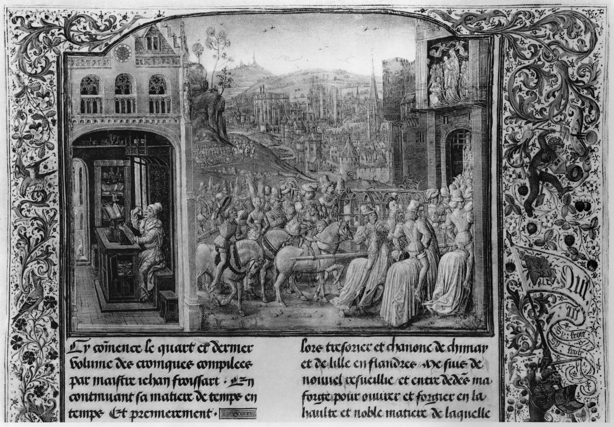 T.4 fol.1 L: Froissart scrive la sua cronaca, R: Isabella di Baviera (1371-1435) entra a Parigi nel 1389, dalla Cronaca di Froissart, 1472 da French School