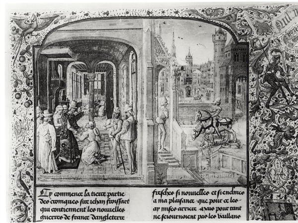 T.III fol.1 Froissart ricevuto a Orthez dal Conte Gaston de Foix, a cui consegna la lettera di Guy de Blois, dalla Cronaca di Froissart da French School
