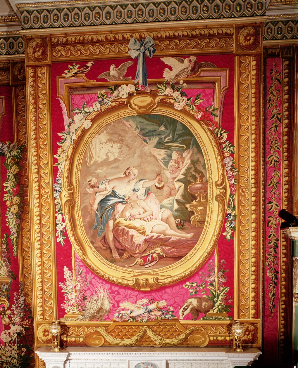 Pannello di arazzo raffigurante Cupido e Psiche, fabbrica Gobelins, 1775 da French School