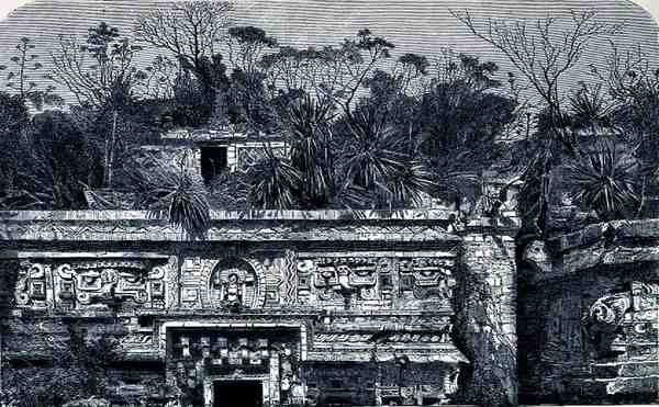 Edificio del Tempio a Est del Monastero a Chichen Itza, da Le Antiche Città del Nuovo Mondo, di Claude-Joseph-Desire Charnay, pub. 1887 da French School