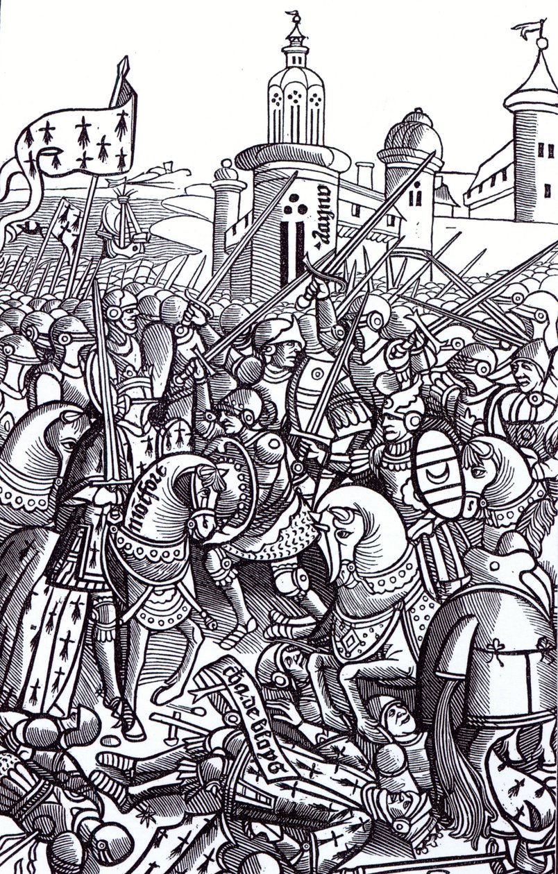 La battaglia di Auray, da Cronache di Bretagna di Alain Bouchard, pubblicato 1514 da French School