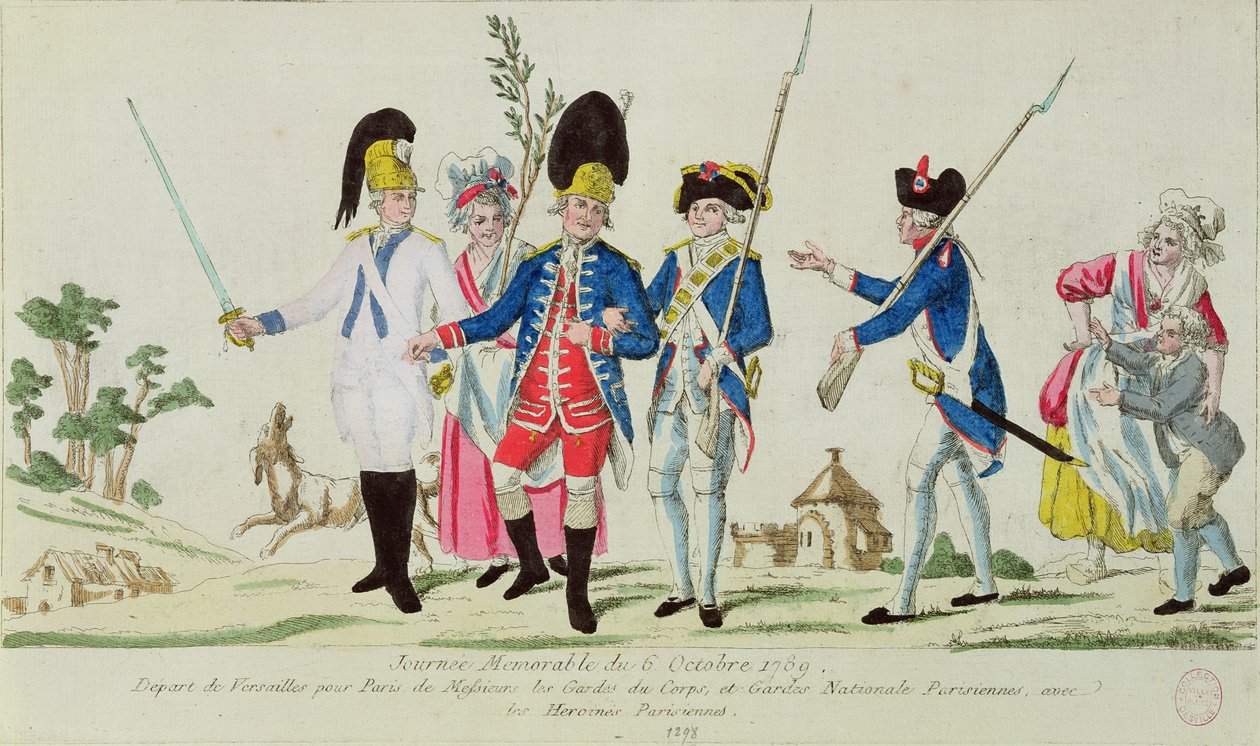 Il giorno memorabile del 6 ottobre 1789, partenza da Versailles per Parigi: le Guardie del Corpo, la Guardia Nazionale Parigina e le eroine parigine da French School