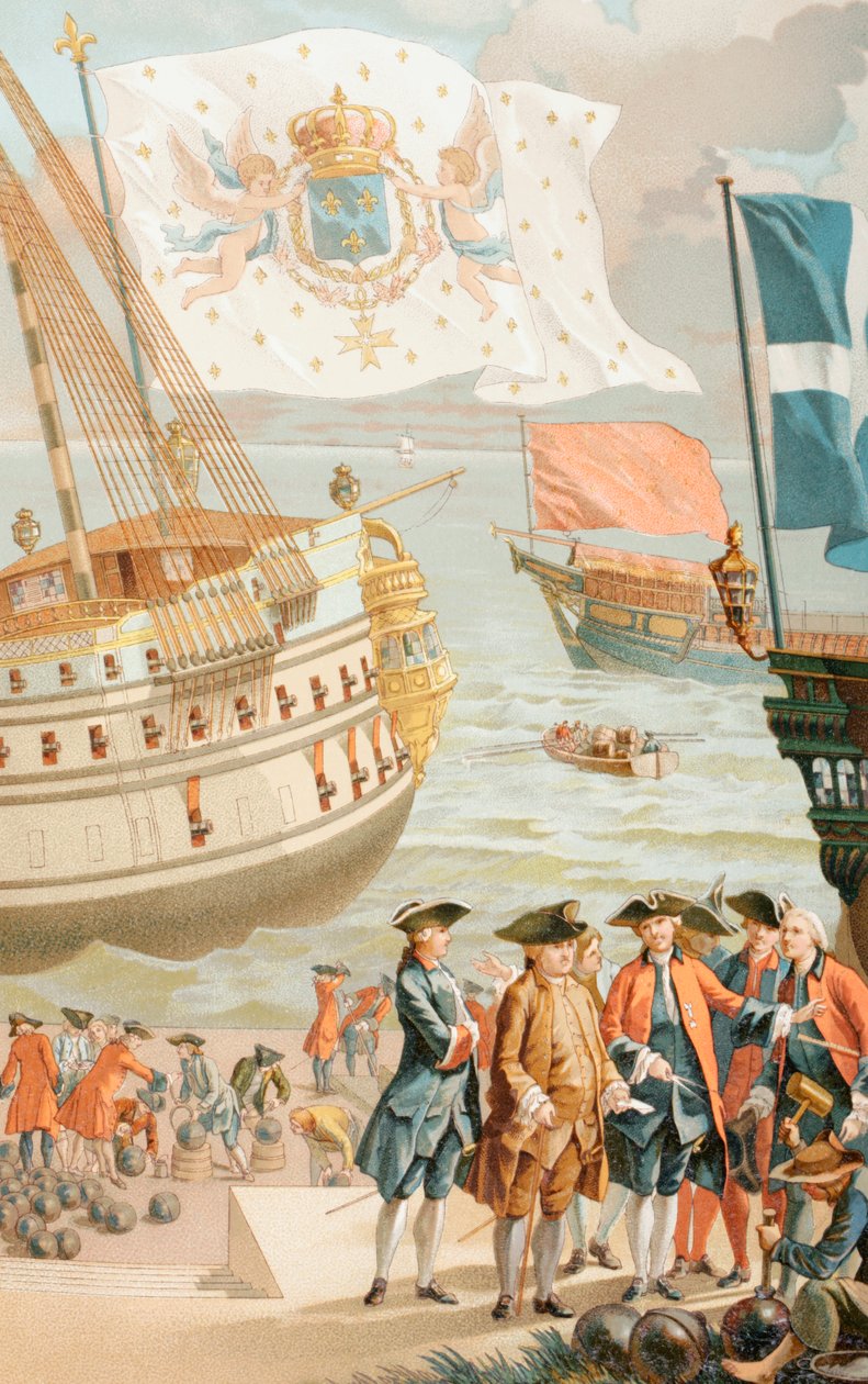 La bandiera reale di Francia che sventola su una nave della marina francese del XVIII secolo, da 