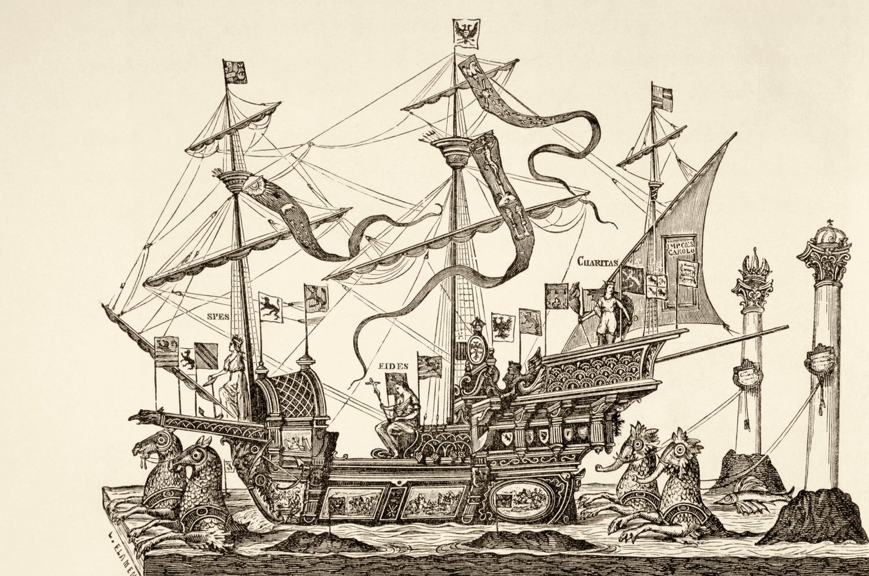 Vascello trionfale trainato su un carro a Bruxelles nel 1558, da 