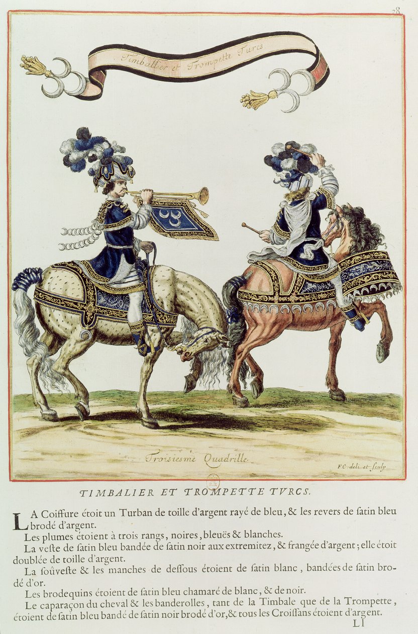 Tamburino e trombettiere turchi, parte del carosello dato da Luigi XIV davanti alle Tuileries, 5 giugno 1662 da French School