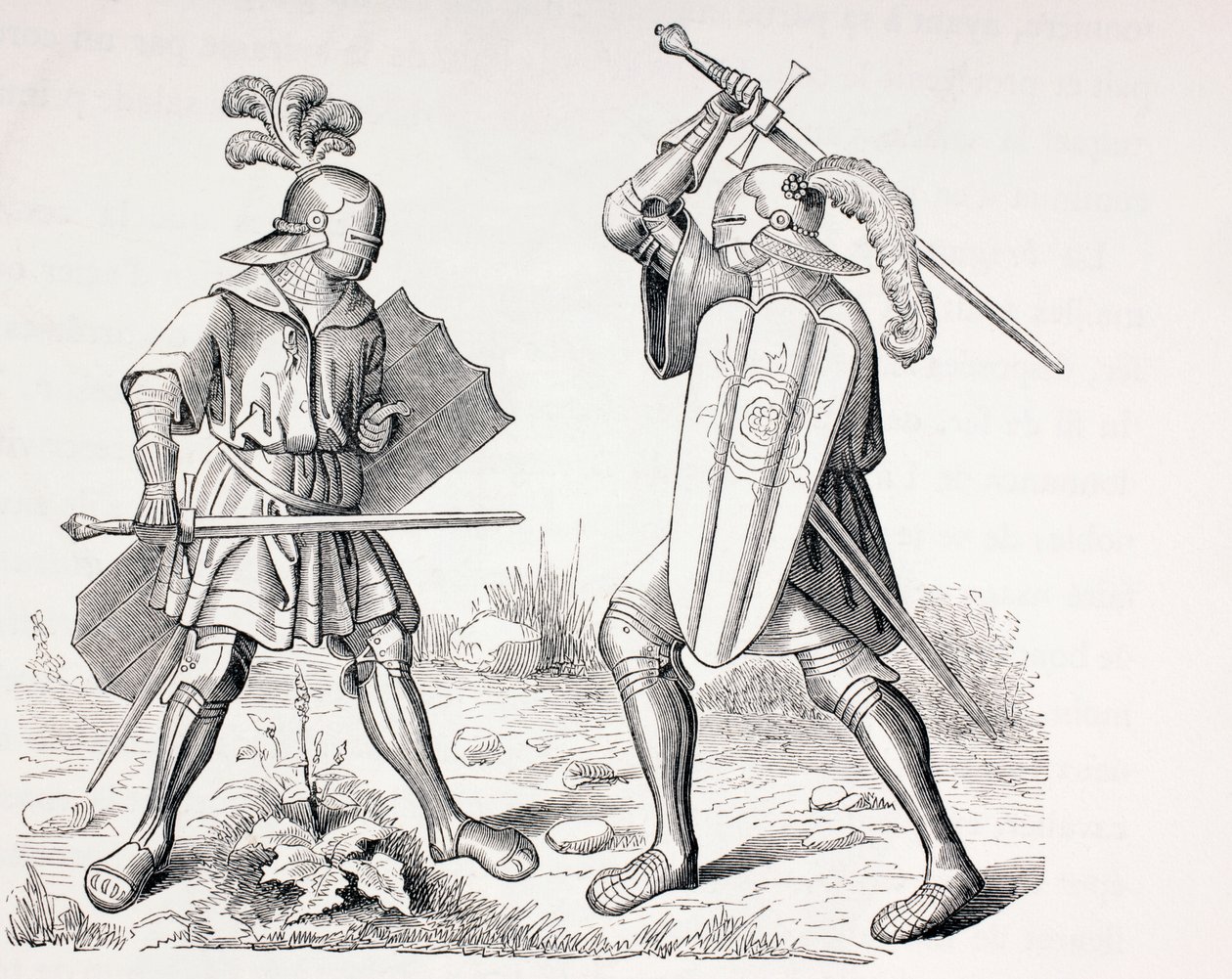 Due cavalieri completamente armati del XV secolo che combattono con spade e scudi, da 