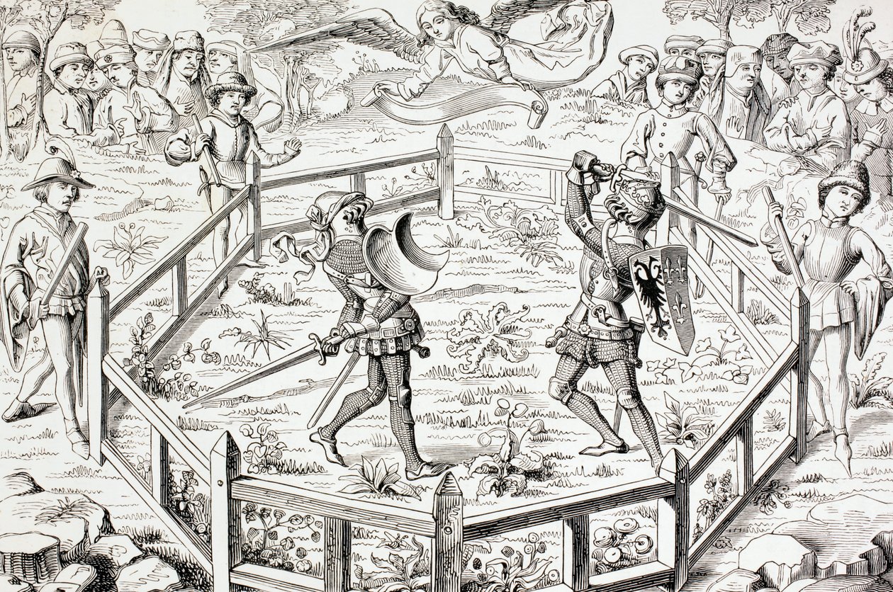 Due cavalieri combattono un duello, da 