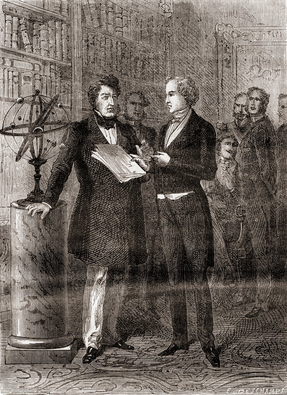 Urbain Jean Joseph Le Verrier ricevuto dal re Luigi Filippo alle Tuilleries, Parigi, Francia, dopo la scoperta del pianeta Nettuno nel 1846, da Les Merveilles de la Science da French School