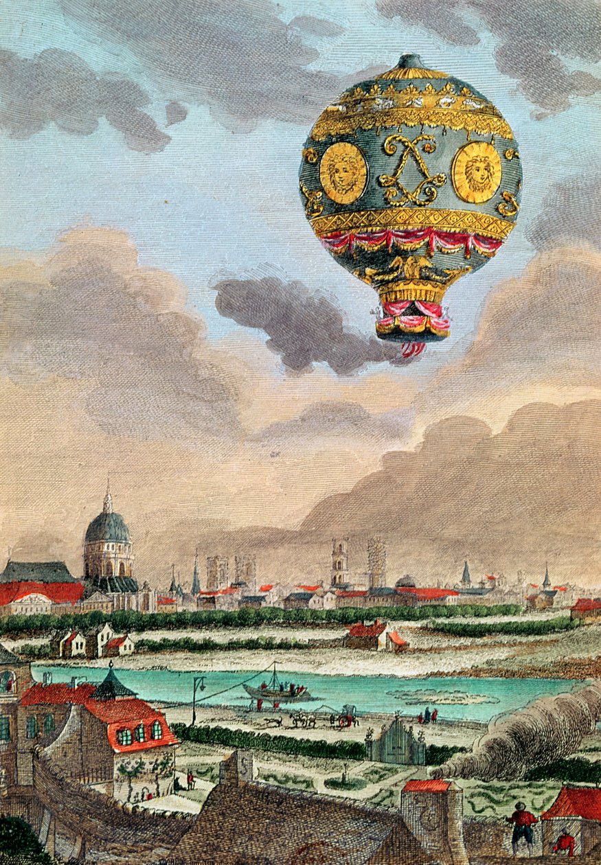 Vista dalla terrazza di Monsieur Franklin a Passy del primo volo sotto la direzione di Monsieur de Montgolfier, 21 novembre 1783 da French School