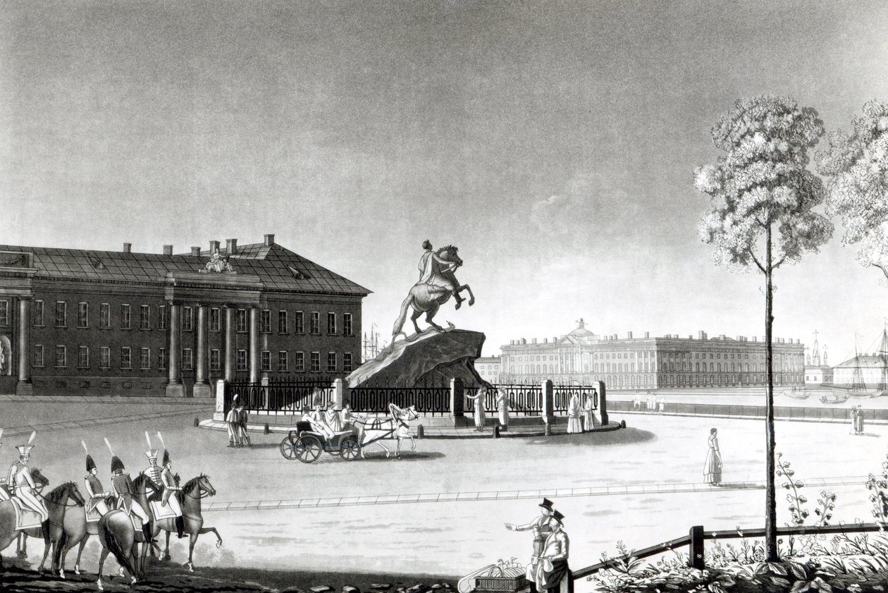 Veduta della statua di Pietro il Grande in Piazza del Senato, San Pietroburgo da French School
