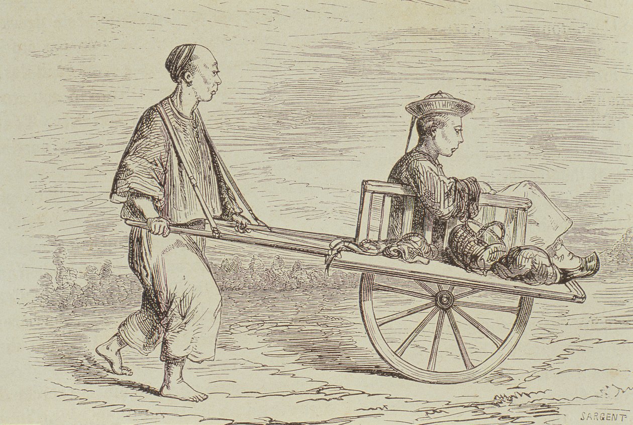 Taxi a carriola negli anni 1850, Cina, inciso da Alfred Louis Sargent (n.1828) da 