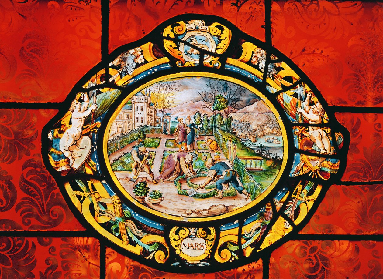 Finestra che raffigura marzo, da Montigny (vetro colorato) da French School