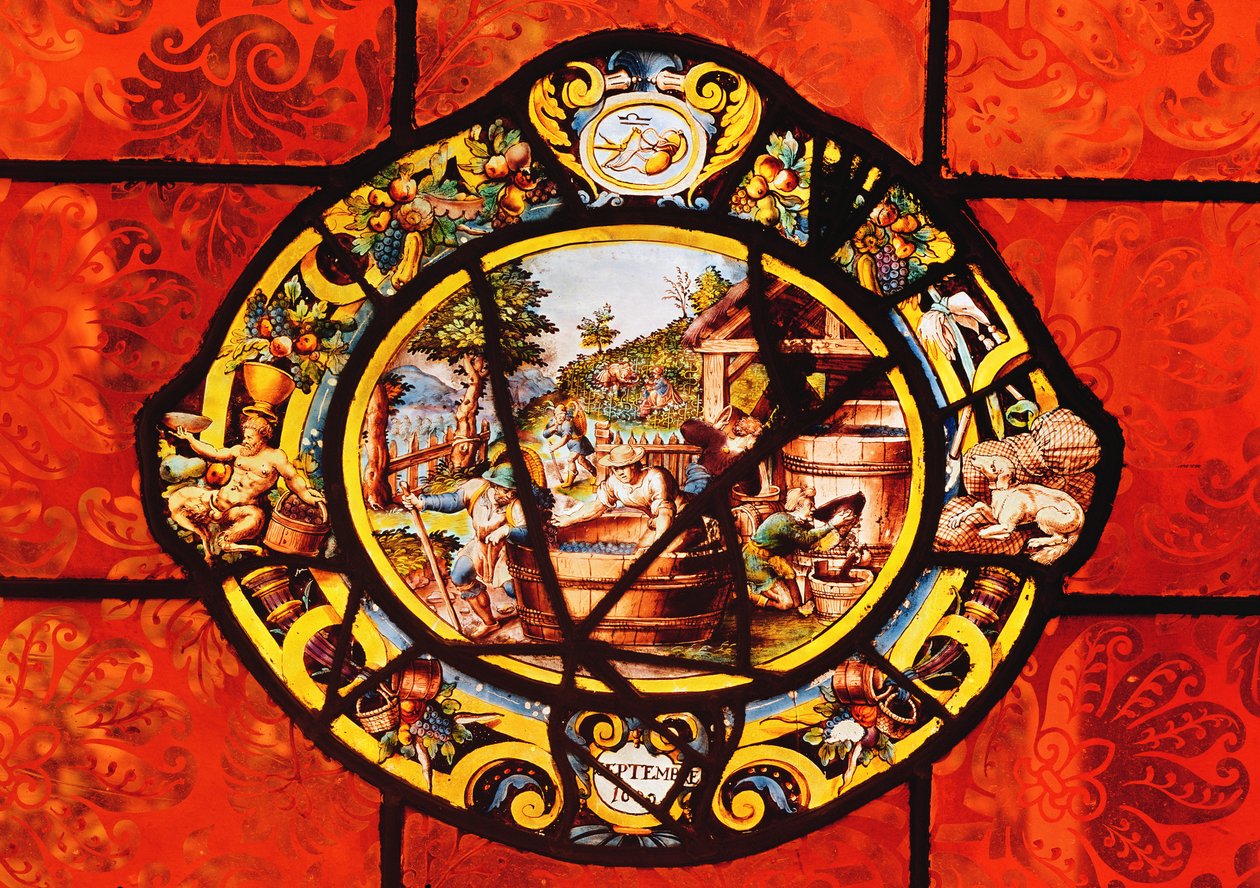 Finestra raffigurante settembre, da Montigny (vetrata) da French School
