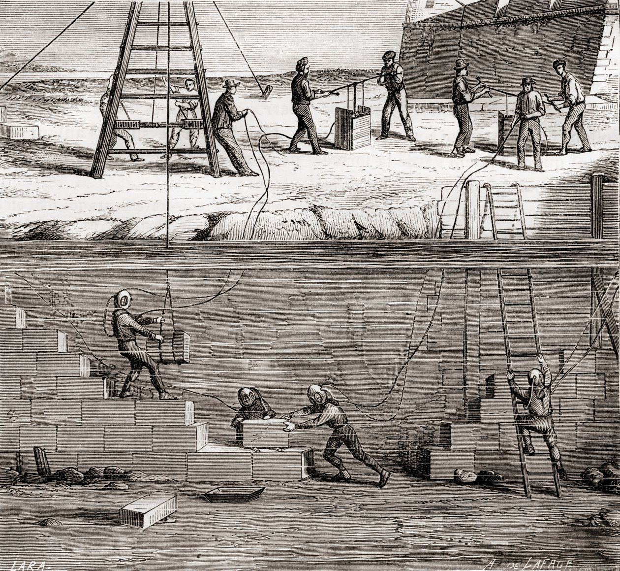 Lavoratori in tute da sub che lavorano su costruzioni subacquee nel XIX secolo, da Les Merveilles de la Science, pubblicato c.1870 da French School