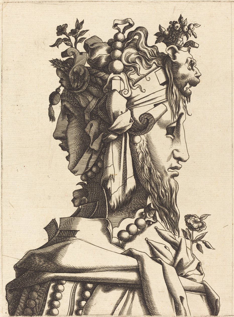 Busto di una donna in un costume stravagante da French 16th Century after René Boyvin or Pierre Milan