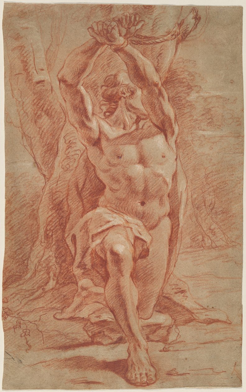 Uomo inginocchiato legato a un albero da French 17th Century