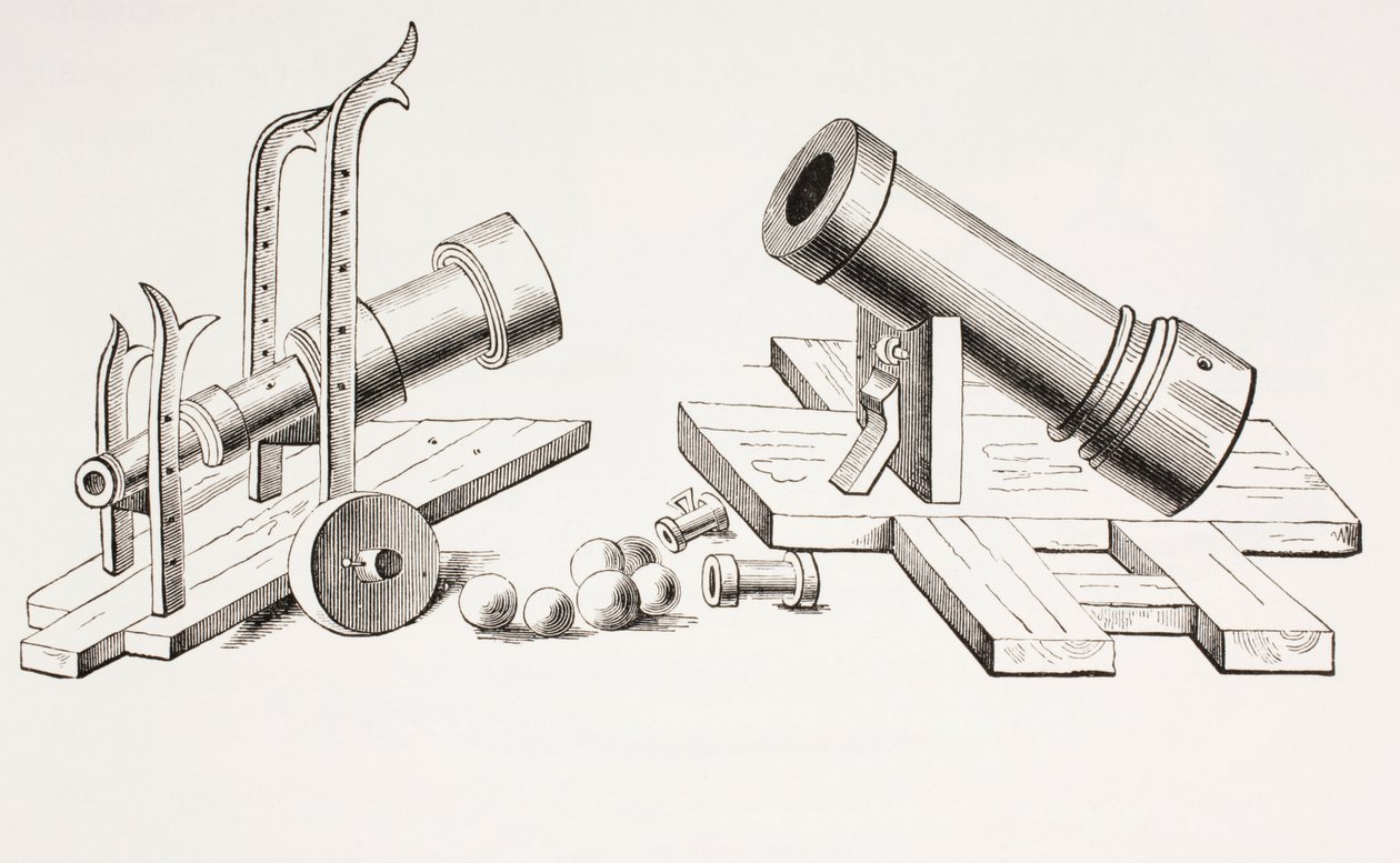 Cannoni del XV secolo, con affusto fisso (a destra) e affusto mobile (a sinistra) da Les Arts au Moyen Age, pubblicato nel 1873 da French School