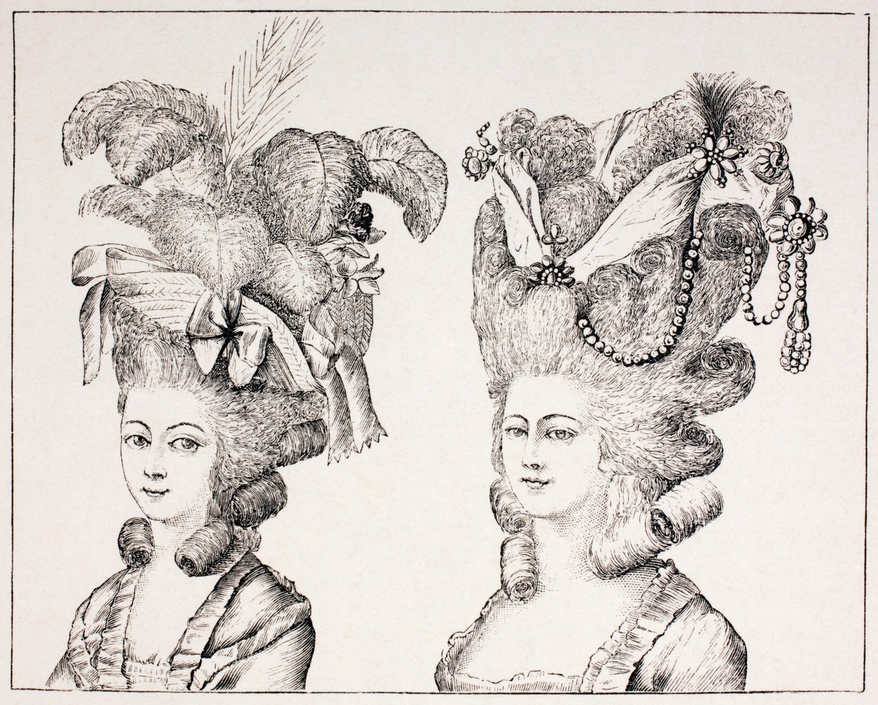 Ragazze francesi del XVIII secolo con acconciature e cappelli stravaganti, 1875 da French School