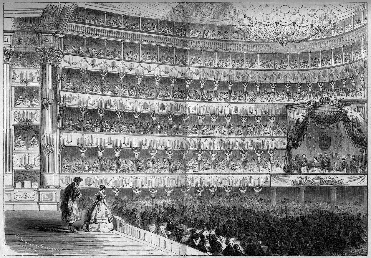 Architettura del XVIII secolo: vista interna del Teatro Regio di Torino (Italia) durante uno spettacolo di gala il 23 gennaio da French School