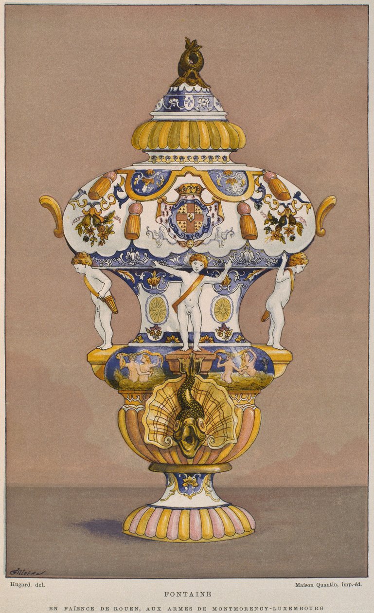 Fontana in maiolica del XVIII secolo con lo stemma di Montmorency Luxembourg, fabbricata a Rouen, illustrazione dal Dictionnaire de l