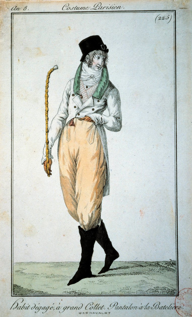 Moda del XVIII secolo: abito parigino con grande colletto, pantaloni con barche. Parigi, Museo del Costume da French School