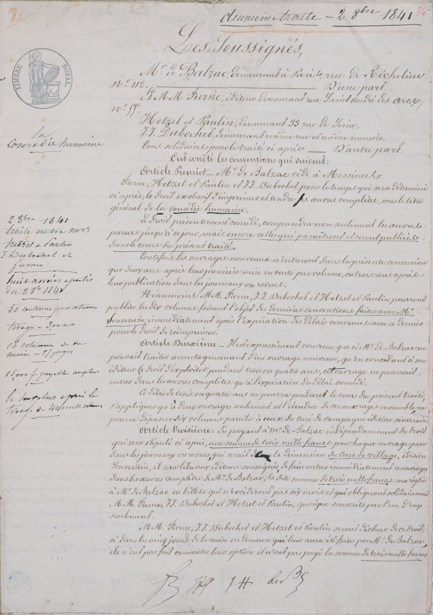 2° documento contrattuale relativo a La Comédie Humaine tra Honoré de Balzac (1799-1850) e Hetzel, Paulin, Dubochet e l