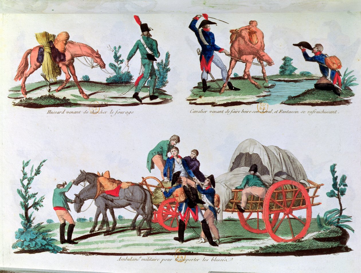 Un ussaro che trasporta foraggio, un cavaliere e un fante che dissetano e un