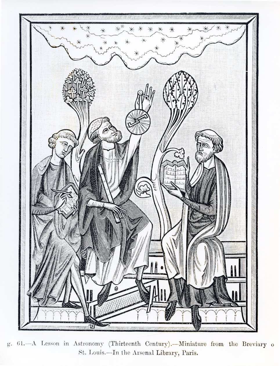 Una lezione di astronomia, dal Breviario di San Luigi, illustrazione da Scienza e Letteratura nel Medioevo e nel Rinascimento, scritto e inciso da Paul Lacroix, 1878 da French School