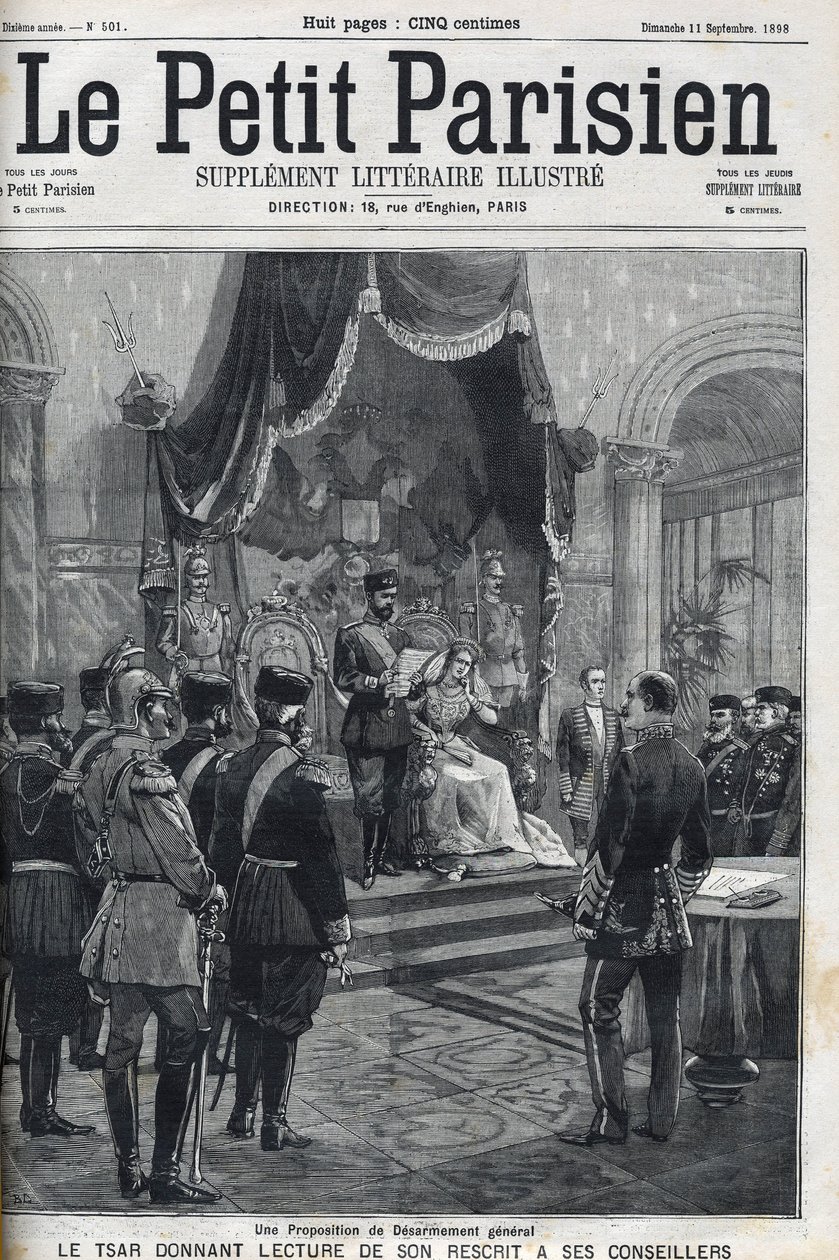 Proposta di disarmo generale (fatta alle potenze europee) - Lo zar Nicola II legge il suo rescritto ai suoi consiglieri. Le Petit Parisien da French School