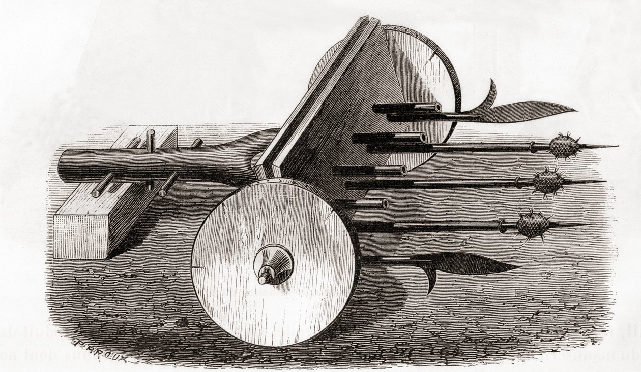 Un Ribauldequin, macchina infernale o organo di cannone, armato di piccoli cannoni e picche, da Les Merveilles de la Science, pubblicato c.1870 (incisione) da French School