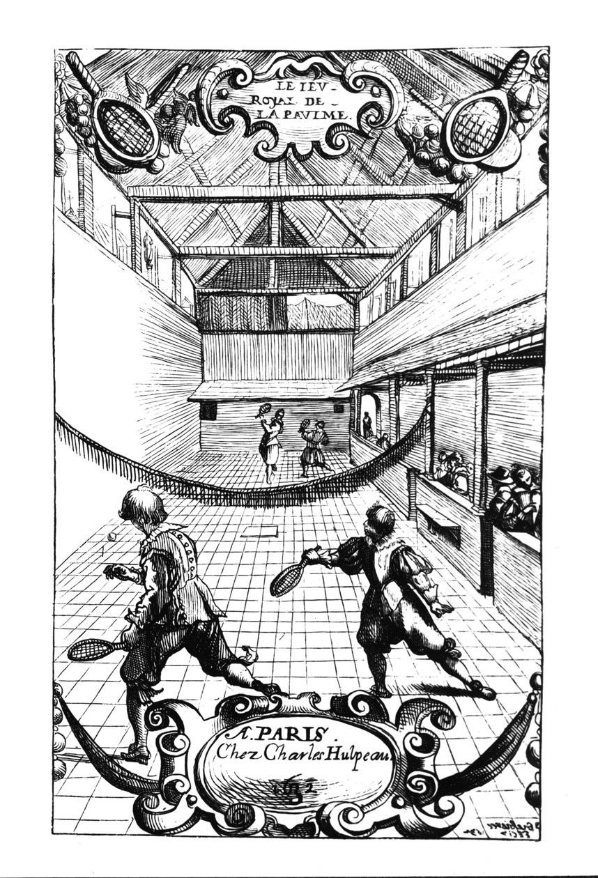 Una partita reale di tennis nel Jeu de Paume, Versailles, pubblicata da Charles Hulpeau da French School