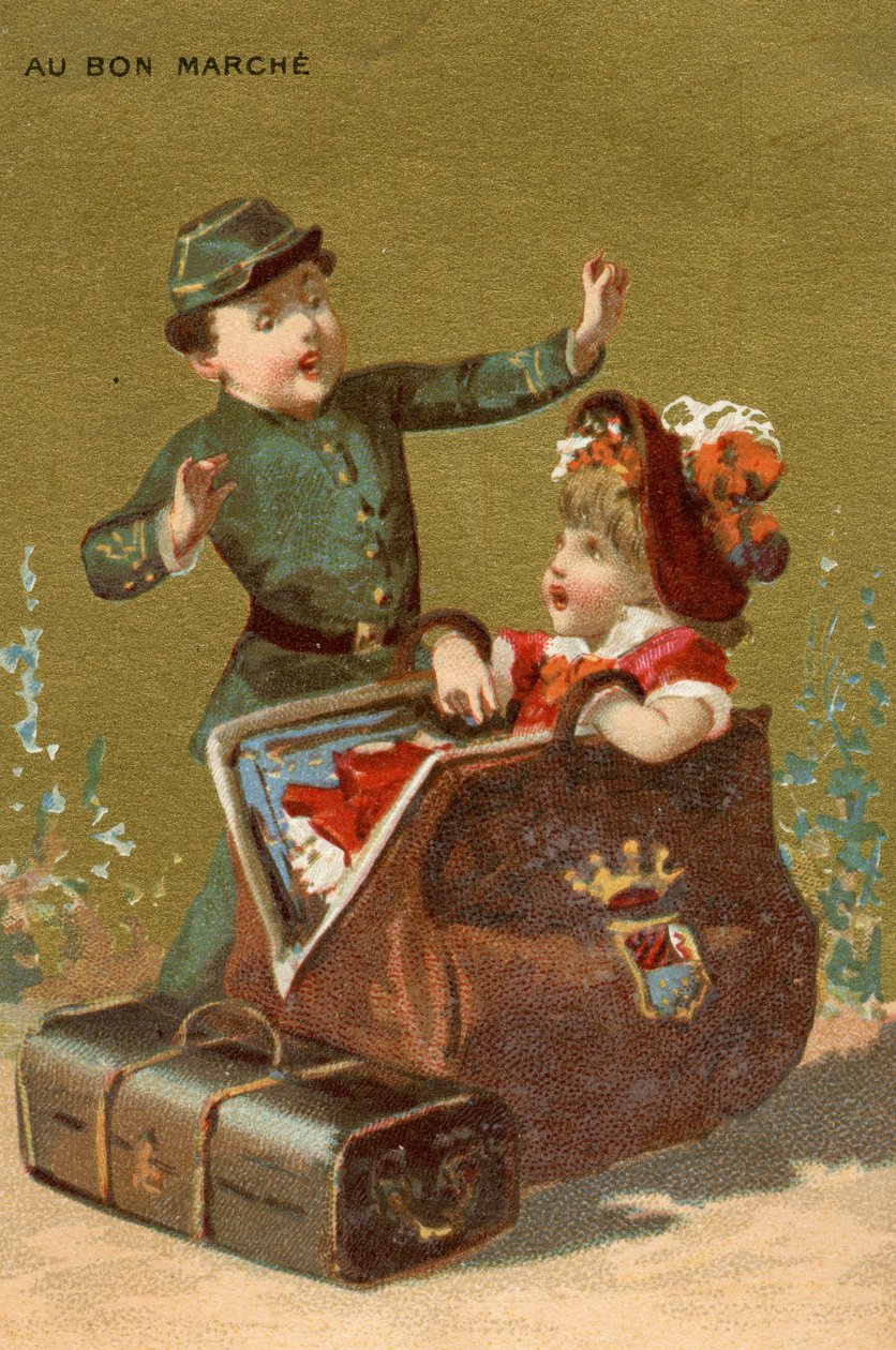 Una sorpresa nel bagaglio, da una serie di illustrazioni di bambini, prodotte come carte promozionali per il grande magazzino Bon Marché a Parigi, c.1890 da French School