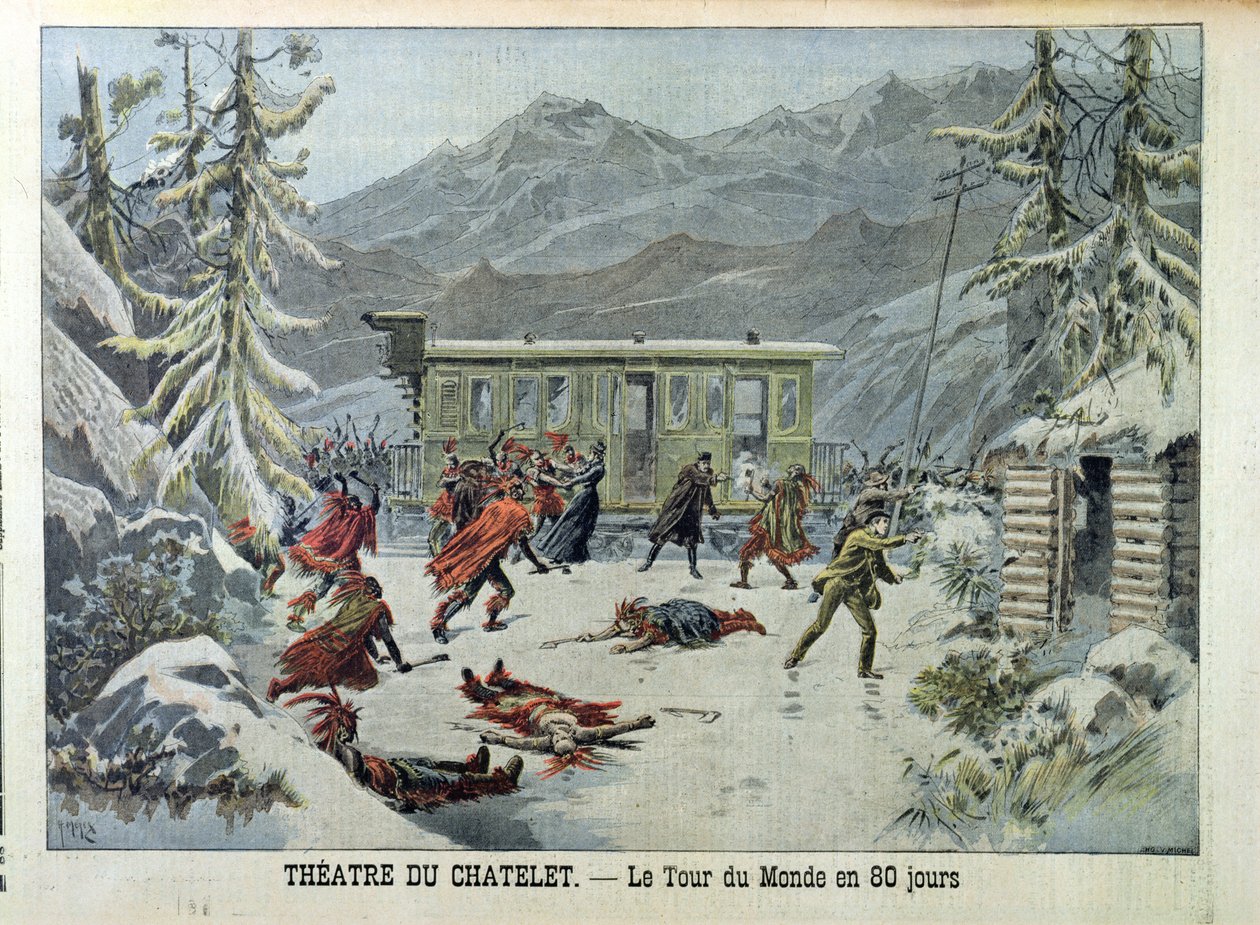Un treno attaccato dagli indiani americani, da Il giro del mondo in 80 giorni di Jules Verne (1828-1905) da Le Petit Journal, 13 maggio 1898 da French School