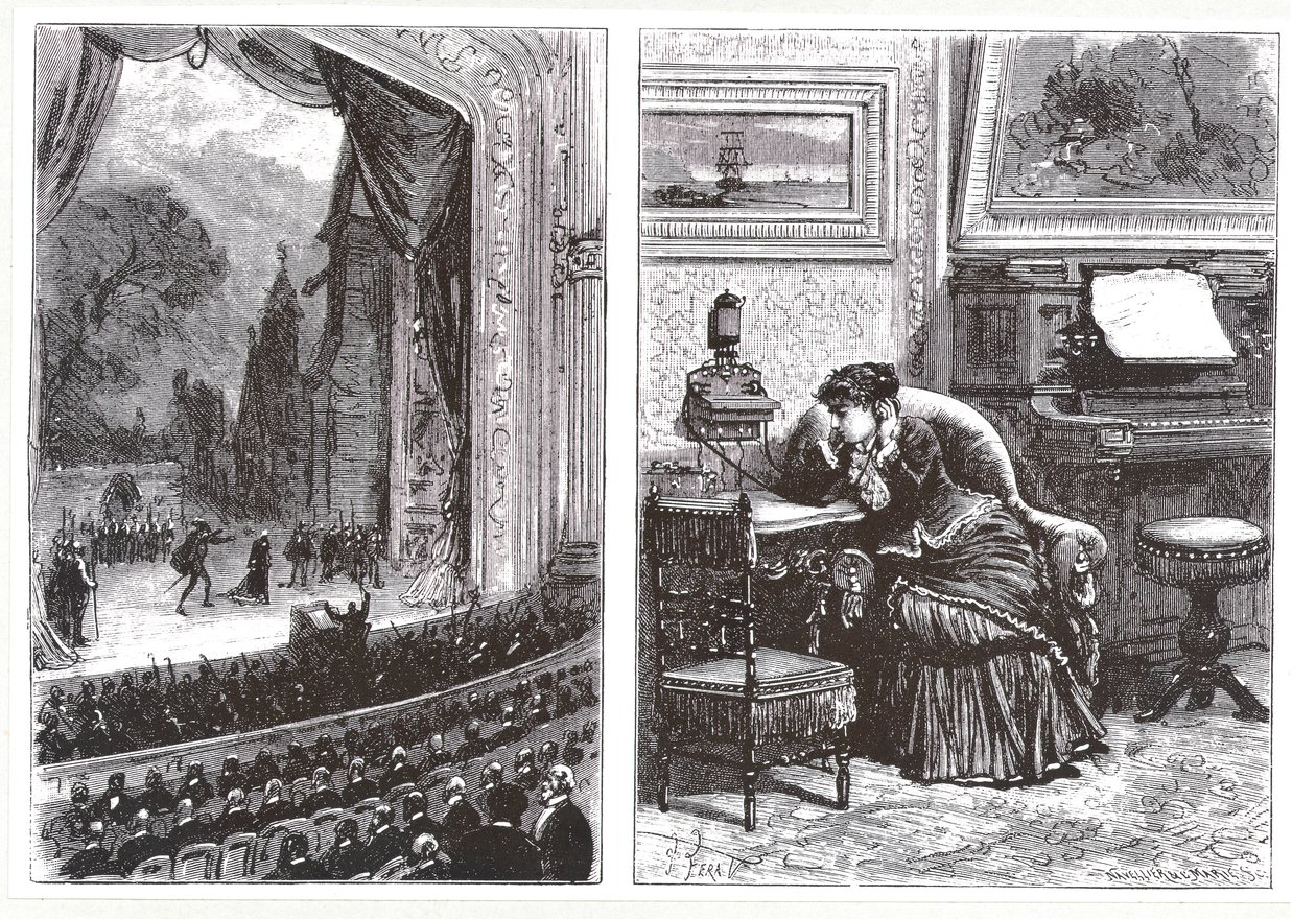 Una donna che ascolta una rappresentazione operistica a casa sua tramite il telefono Ader-Bell e il sistema di trasmissione musicale di Ader, da Les Nouvelles Conquetes de la Science di Louis Figuier da French School