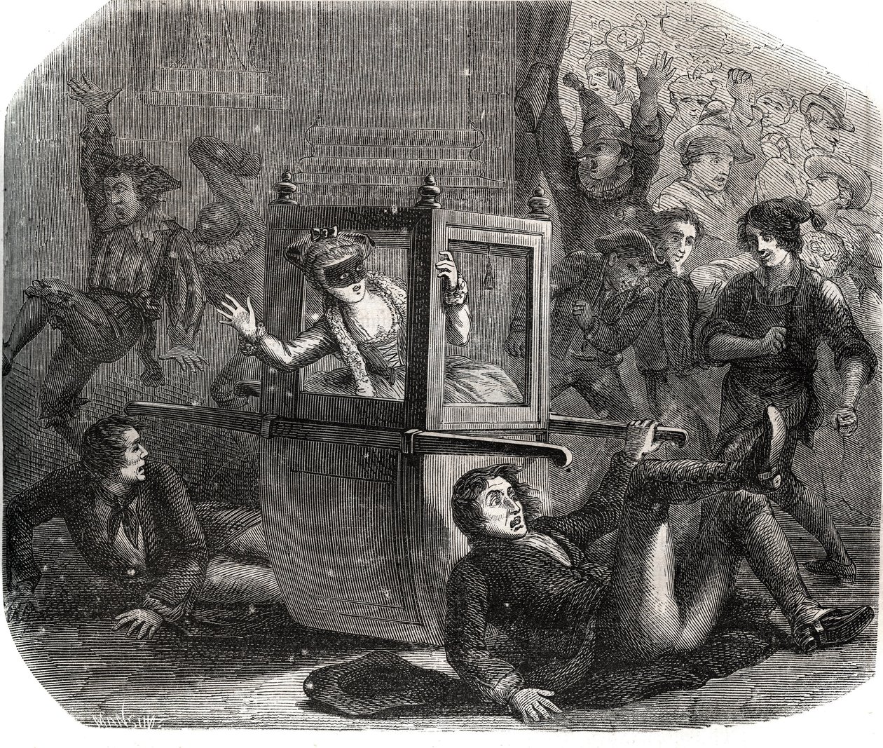 Un gruppo di burloni impedisce a Marie-Thérèse Le Vasseur (1721-1801), in costume per il Carnevale, di avanzare sulla sua sedia a rotelle. È vittima della vendetta di uno dei suoi ex amanti. Incisione del 1871 in "Storia dei cornuti celebri". da French School